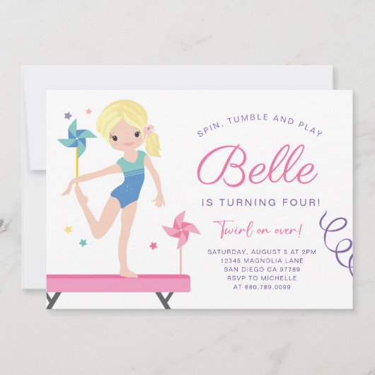 Gymnastik Geburtstagsfeier Einladung mit Pinwheels (Vorderseite)