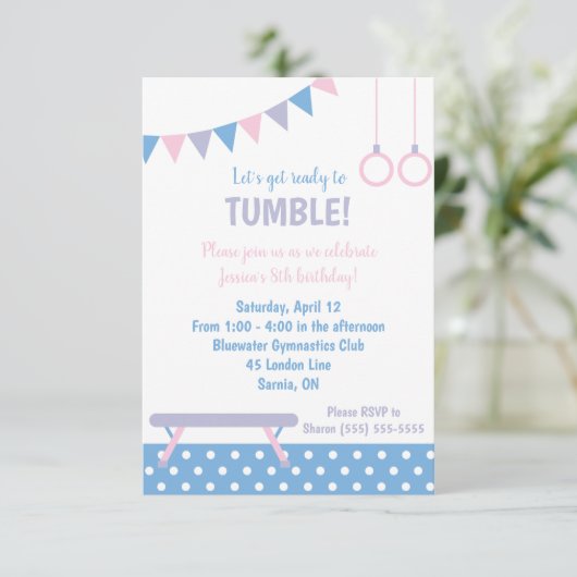 Gymnastik Geburtstagsparty Einladung (Stehend Vorderseite)