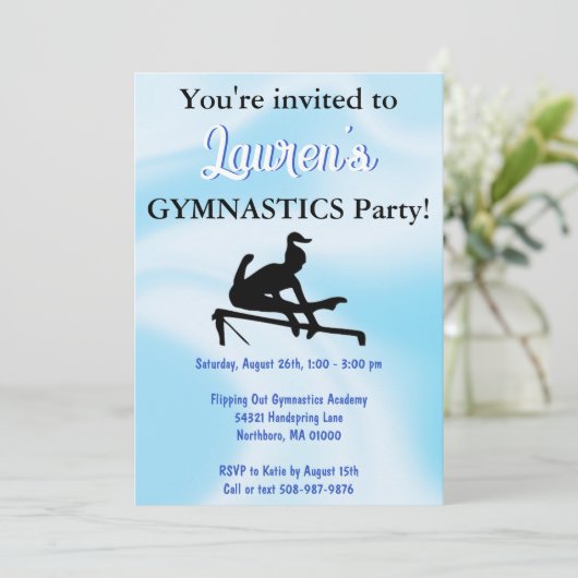 Gymnastik Geburtstagsparty Einladung (Stehend Vorderseite)