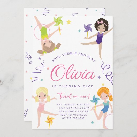Gymnastik Geburtstagsparty Einladung ・ Pinwheels (Vorne/Hinten)