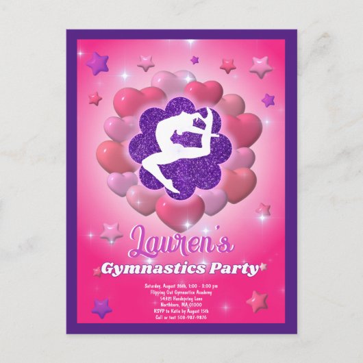 Gymnastik Geburtstagsparty Pink Lila Einladung Postkarte (Vorderseite)