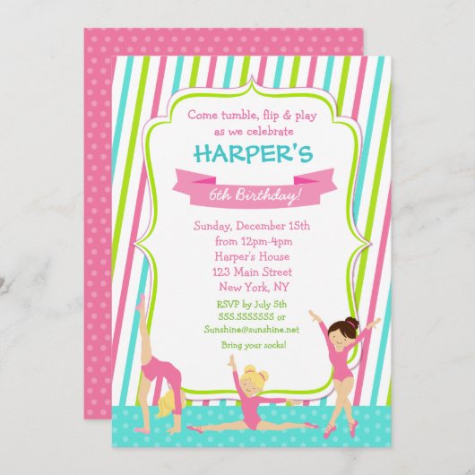 Gymnastik Gymnast Geburtstagsparty Einladungen (Vorne/Hinten)