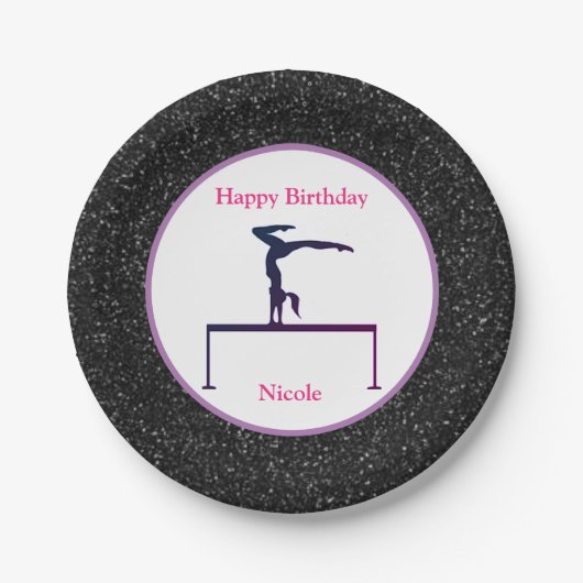 Gymnastik "Happy Birthday" Black Sparkle Pappteller (Vorderseite)