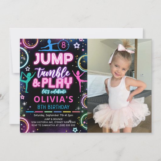 Gymnastik Jump Birthday Party Foto Einladung (Vorderseite)