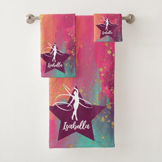 Gymnastik Monogram Name Gold Glitzer Badhandtuch Set (Insitu)