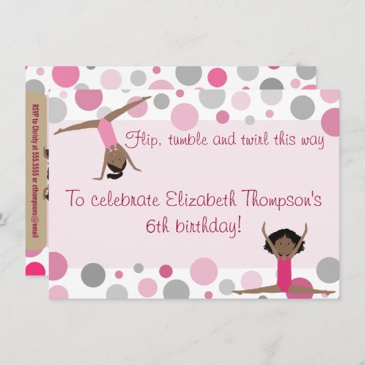 Gymnastik-Party-dunkles Haar-Mädchen im Rosa und Einladung (Vorne/Hinten)