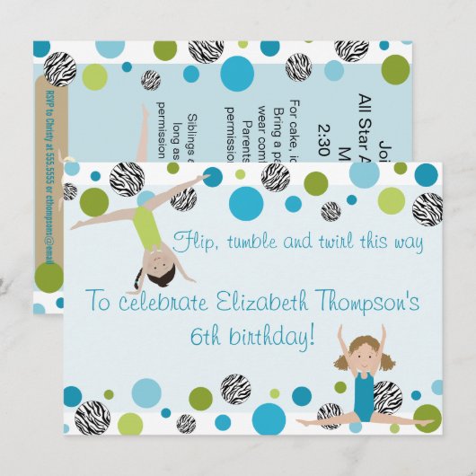 Gymnastik Party Einladung Black, Aqua und Green (Vorne/Hinten)