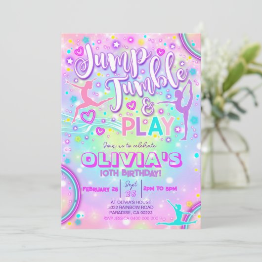 Gymnastik Party Einladung Jump Tumble Play Neon (Stehend Vorderseite)