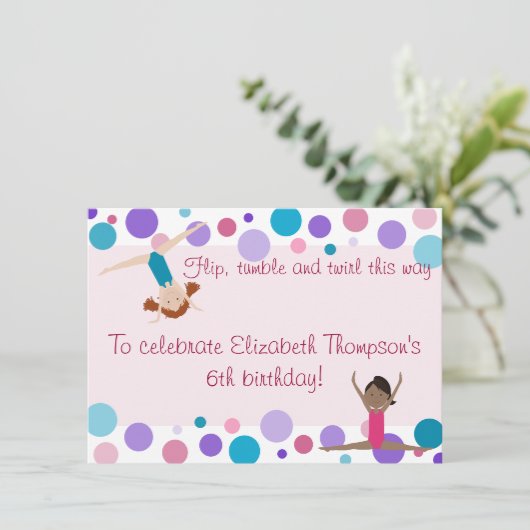 Gymnastik Party Einladung Lila, Aquamarin und Pink (Stehend Vorderseite)