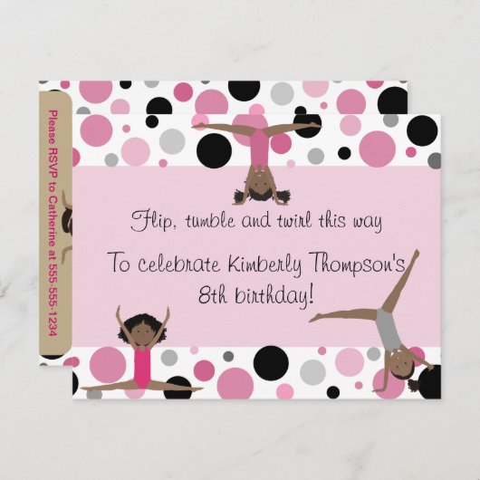 Gymnastik-Party Einladungs-Rosa, Grau u. Schwarzes Einladung (Vorne/Hinten)