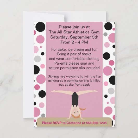 Gymnastik-Party in rosa, im Grau u. im Schwarzen Einladung (Rückseite)