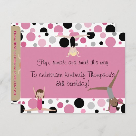 Gymnastik-Party in rosa, im Grau u. im Schwarzen Einladung (Vorne/Hinten)