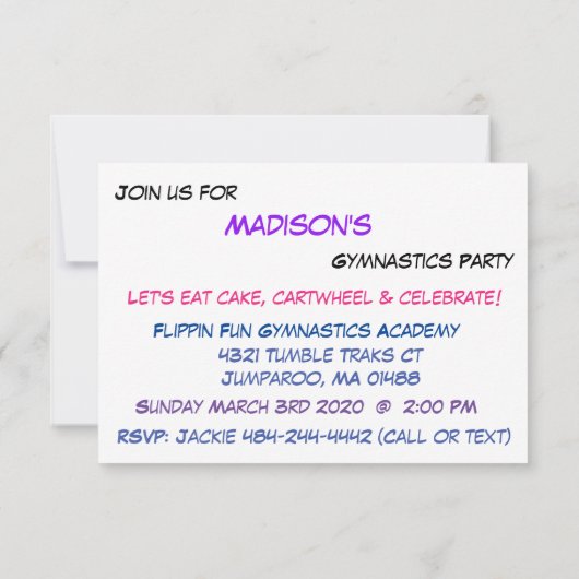 Gymnastik Party Shimmer Einladung (Rückseite)