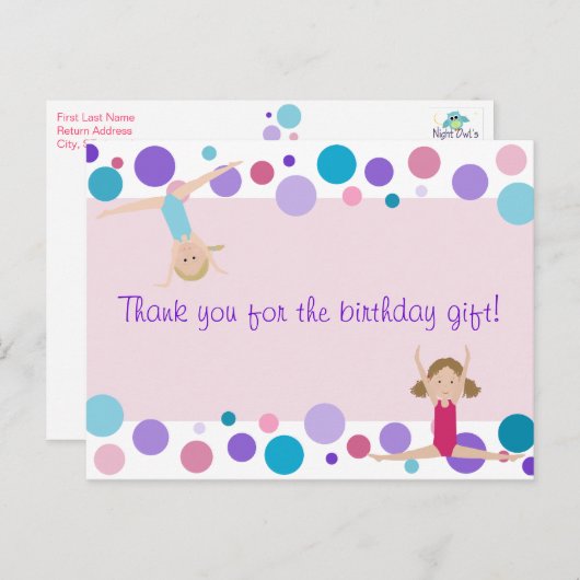 Gymnastik Party Vielen Dank in Rosa, Lila & Aqua Postkarte (Vorne/Hinten)