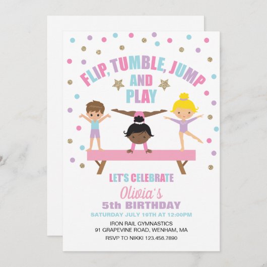 Gymnastik Pastell Geburtstag Einladung (Vorne/Hinten)