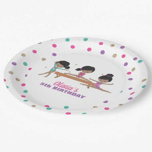 Gymnastik Pink Lila Türkis Girl Birthday Pap Pappteller (Schrägansicht)