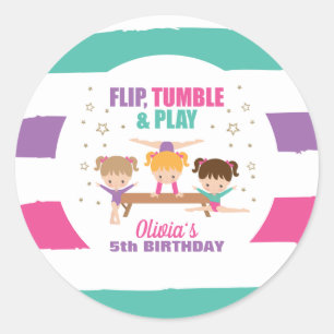 Gymnastik Pink Lila Türkis Girl Birthday Pap Runder Aufkleber