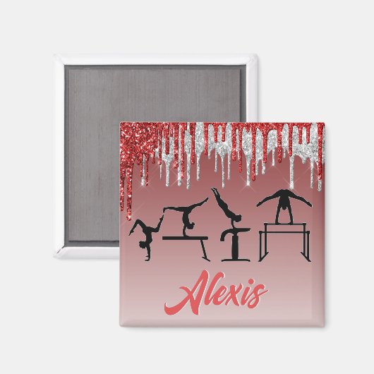 Gymnastik Rot und Silber Glitzer Tropfen Ombre Magnet (Vorderseite/Rückseite)