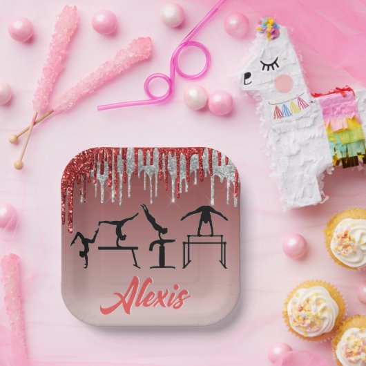 Gymnastik Rot und Silber Glitzer Tropfen Ombre Pappteller (Party)