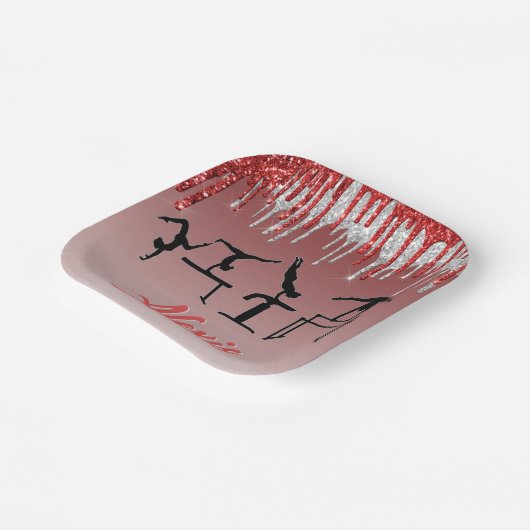 Gymnastik Rot und Silber Glitzer Tropfen Ombre Pappteller (Gewinkelt)