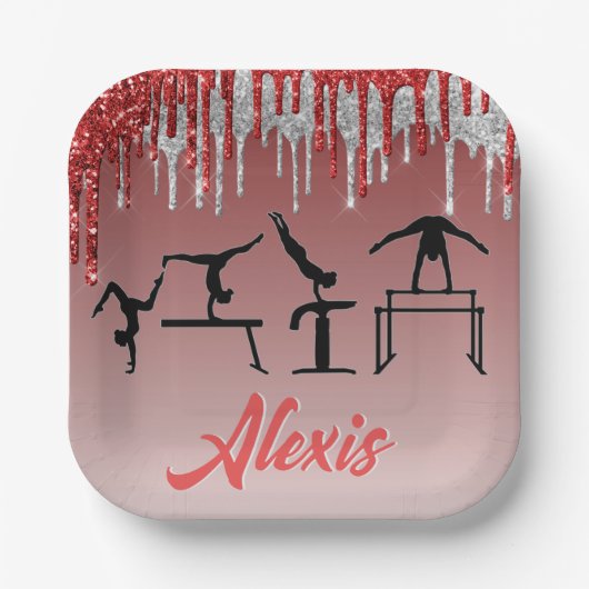 Gymnastik Rot und Silber Glitzer Tropfen Ombre Pappteller (Vorderseite)
