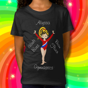 Gymnastik schwarz / blond, Haselaugen, Roter Leota T-Shirt