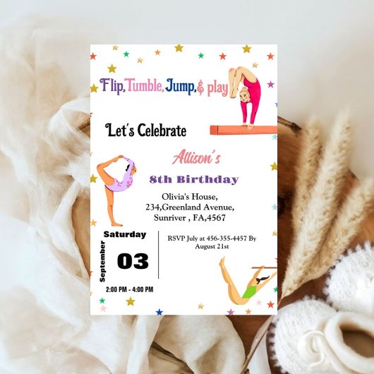 Gymnastik springen Cartwheels Geburtstagsparty Einladung