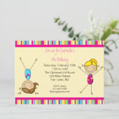 Gymnastik-Strichmännchen-Geburtstags-Einladung Einladung (Stehend Vorderseite)