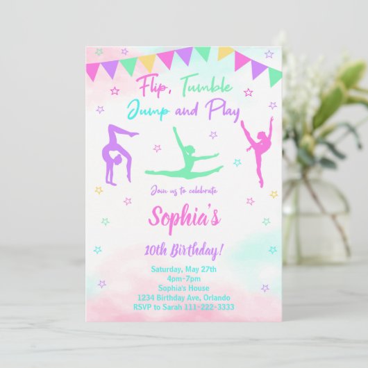 Gymnastik zum Geburtstag Einladung (Stehend Vorderseite)