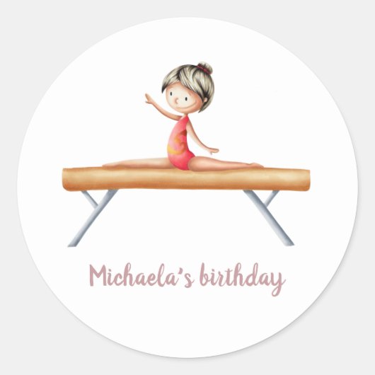 Gymnastikmädchen auf Strahl, pink und weiß Geburts Runder Aufkleber (Vorderseite)