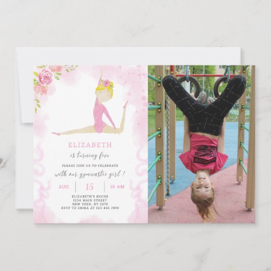 Gymnastische Einladung zum Geburtstag mit Foto (Vorderseite)
