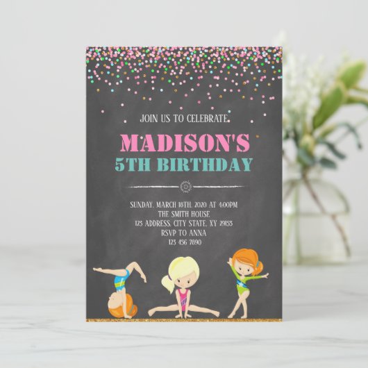 Gymnastische Geburtstagseinladung Einladung (Stehend Vorderseite)