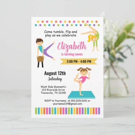 Gymnastische Geburtstagsparty Einladung (Stehend Vorderseite)