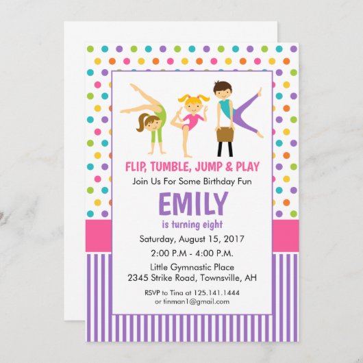Gymnastische Geburtstagsparty Einladung (Vorne/Hinten)