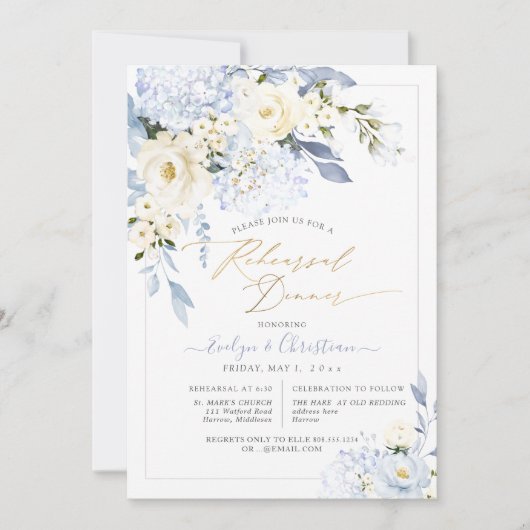 H2 Blue Hydrangea Creme Rose Probe Abendessen Einladung (Vorderseite)