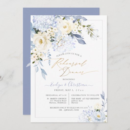 H2 Blue Hydrangea Creme Rose Probe Abendessen Einladung (Vorne/Hinten)