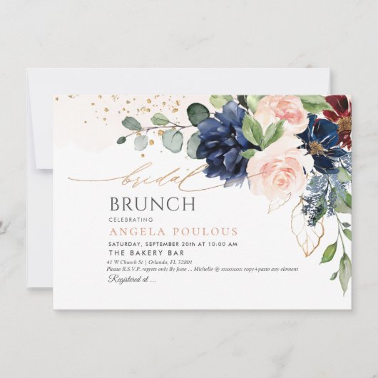 H2 Blume Blush Navy Burgundy Bridal Brunch Einladung (Vorderseite)