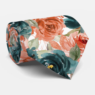 H2 Blumen Teal Grün Rost Orange Rosen Krawatte