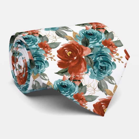H2 Blumen Teal Grün Rost Orange Rosen Krawatte (Gerollt)