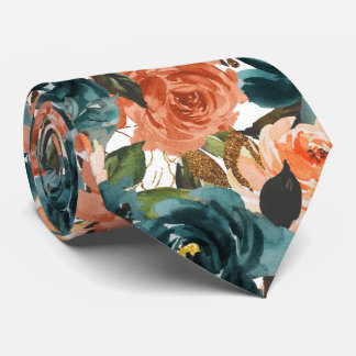 H2 Blumen Teal n Rost Orange Rosen Krawatte
