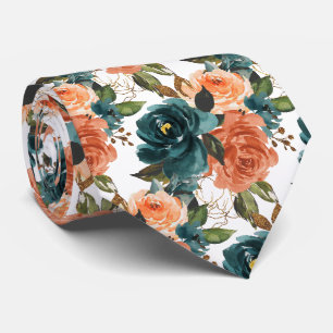 H2 Blumen Teal n Rost Orange Rosen Krawatte