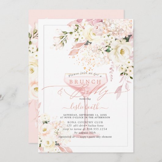 H2 Dusty Rose Blush Hydrangea Brunch Bubbly Einladung (Vorne/Hinten)