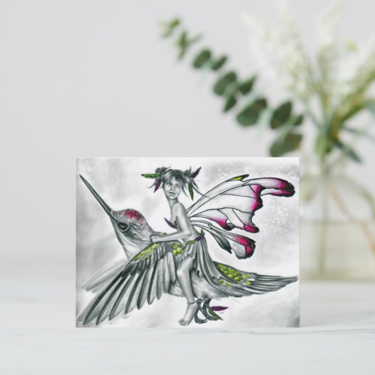 <h3>Hummingbird Rider Fairy Postcard</h3> Postkarte (Stehend Vorderseite)