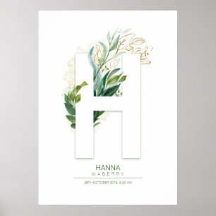 H Brief Monogramm Gold Grün Foliage Chic Poster