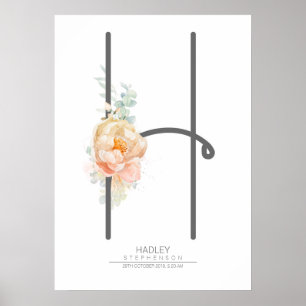 H Buchstabe Monogramm Rosé Pfirsich Blumen Home De Poster