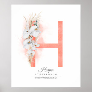 H Buchstabe Monogramm Weiße Orchideen und Pampasgr Poster