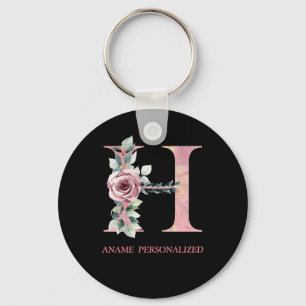 H Floral Monogram Name Letters Pink Agate Keychain Schlüsselanhänger