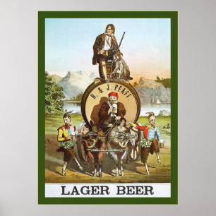 H. & J. Lager Beer ~ 1870s ~ Vintage Werbung Poster