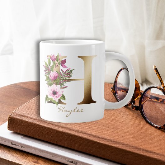 H Letter Gold Monogram | Rosa Magenta Floral Jumbo-Tasse
