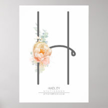 H Letter Monogram Blush Peach Floral Wohngestaltun